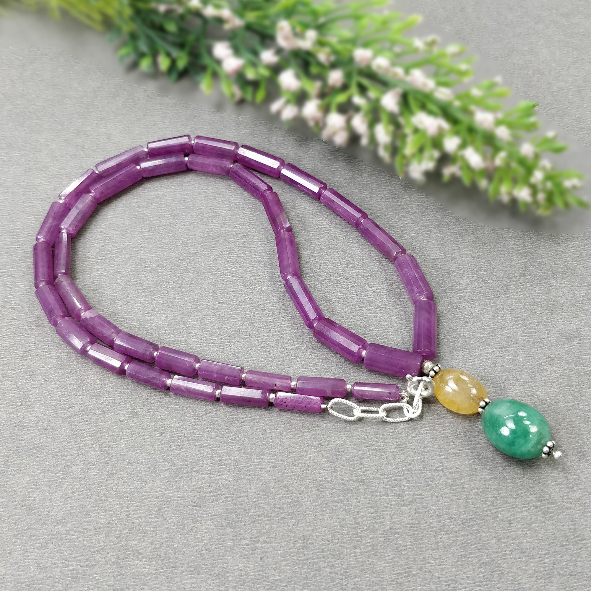 Raspberry SAPPHIRE & Emerald Gemstone Fancy Cut NECKLACE: 26.59gm Natural Pink Yellow Sapphire Pencil 925 Sterling Silver 10mm-13.5*11mm 19"
