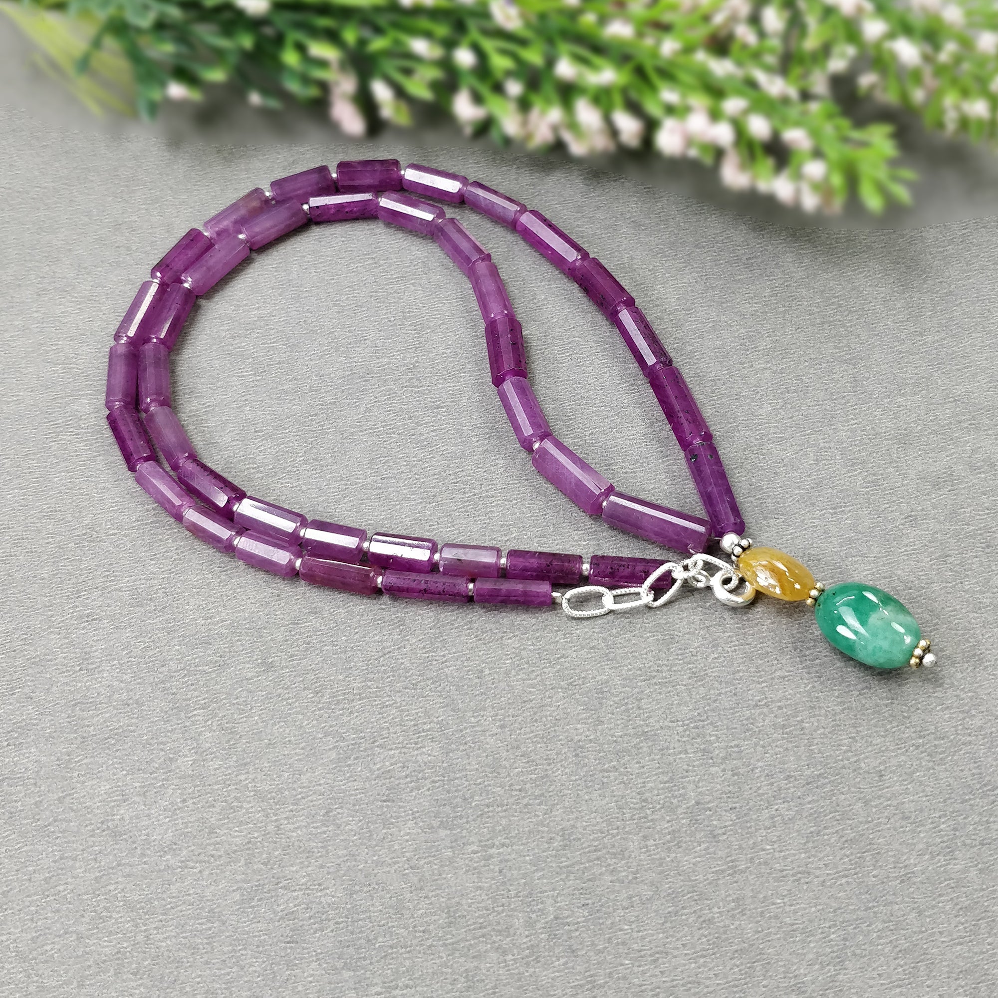 Raspberry SAPPHIRE & Emerald Gemstone Fancy Cut NECKLACE: 27.52gm Natural Pink Yellow Sapphire Pencil 925 Sterling Silver 8mm-13*9.5mm 19"