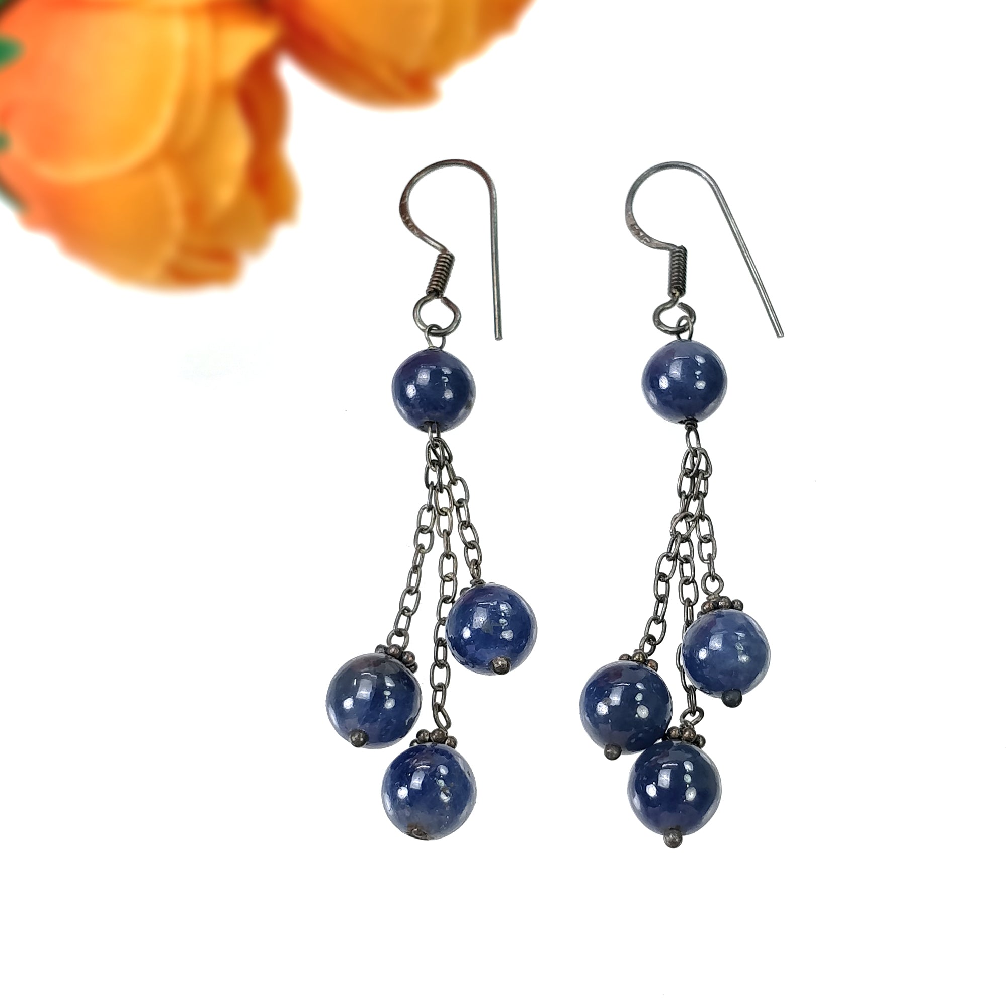 Sapphire Gemstone 925 Sterling Silver Round Plain Beads Hook Earring