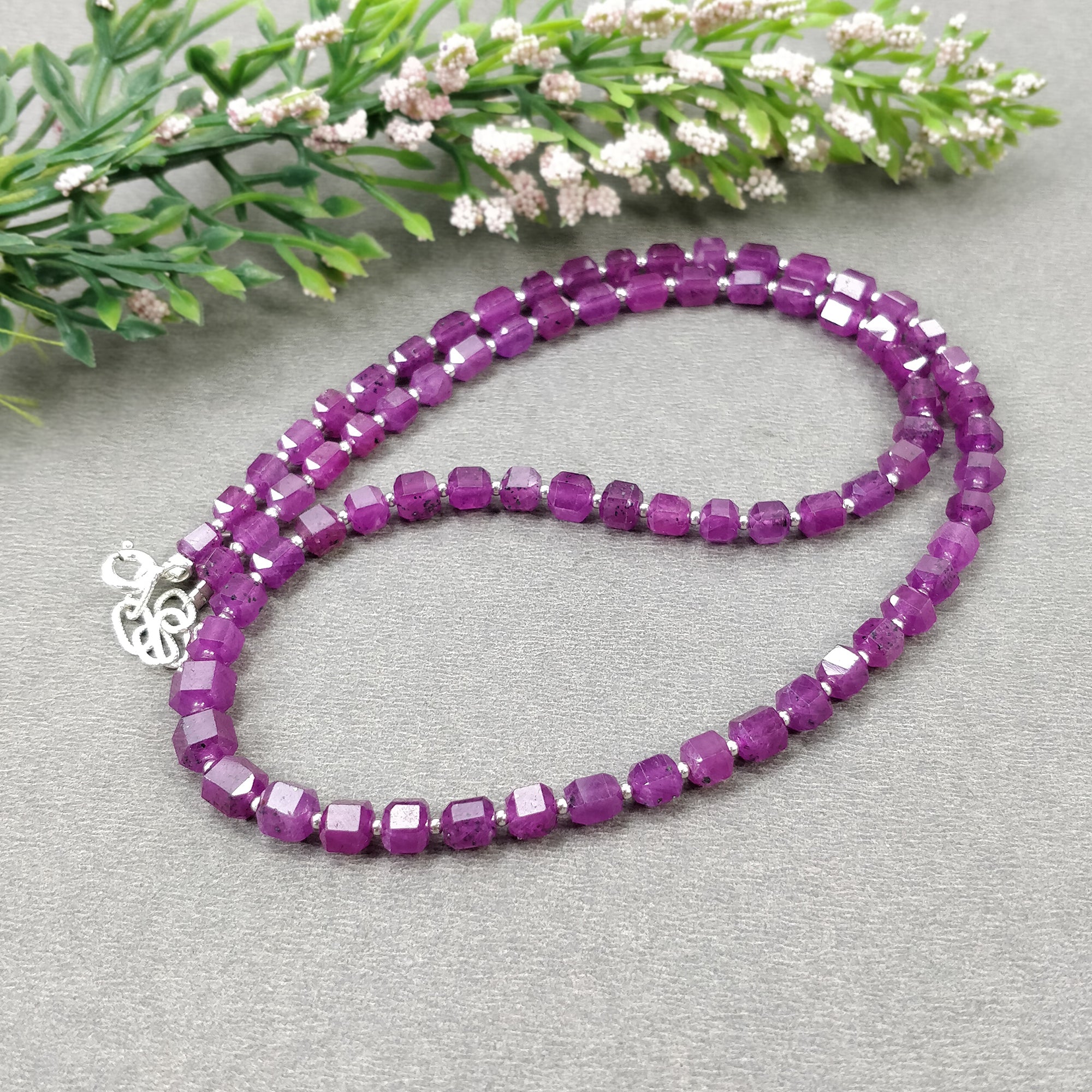 Raspberry Sheen Pink Sapphire Gemstone NECKLACE : 21.38gms Natural Sapphire Checker Cut Faceted Necklace 4.5mm - 5.5mm 18"