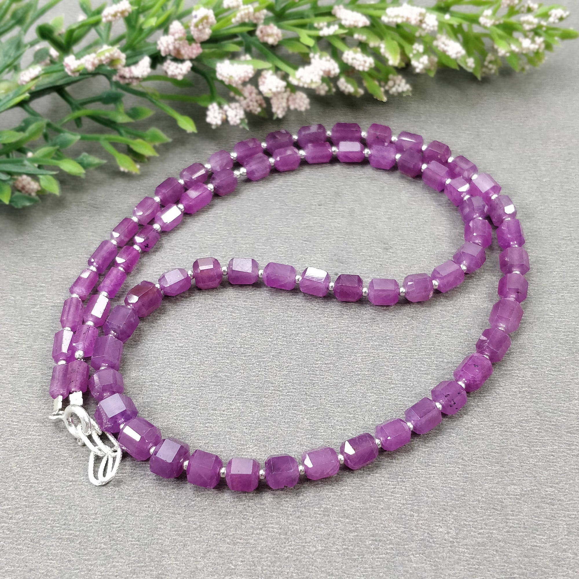 Raspberry Sheen Pink Sapphire Gemstone NECKLACE : 21.45gms Natural Sapphire Checker Cut Faceted Necklace 3mm - 6mm 18"