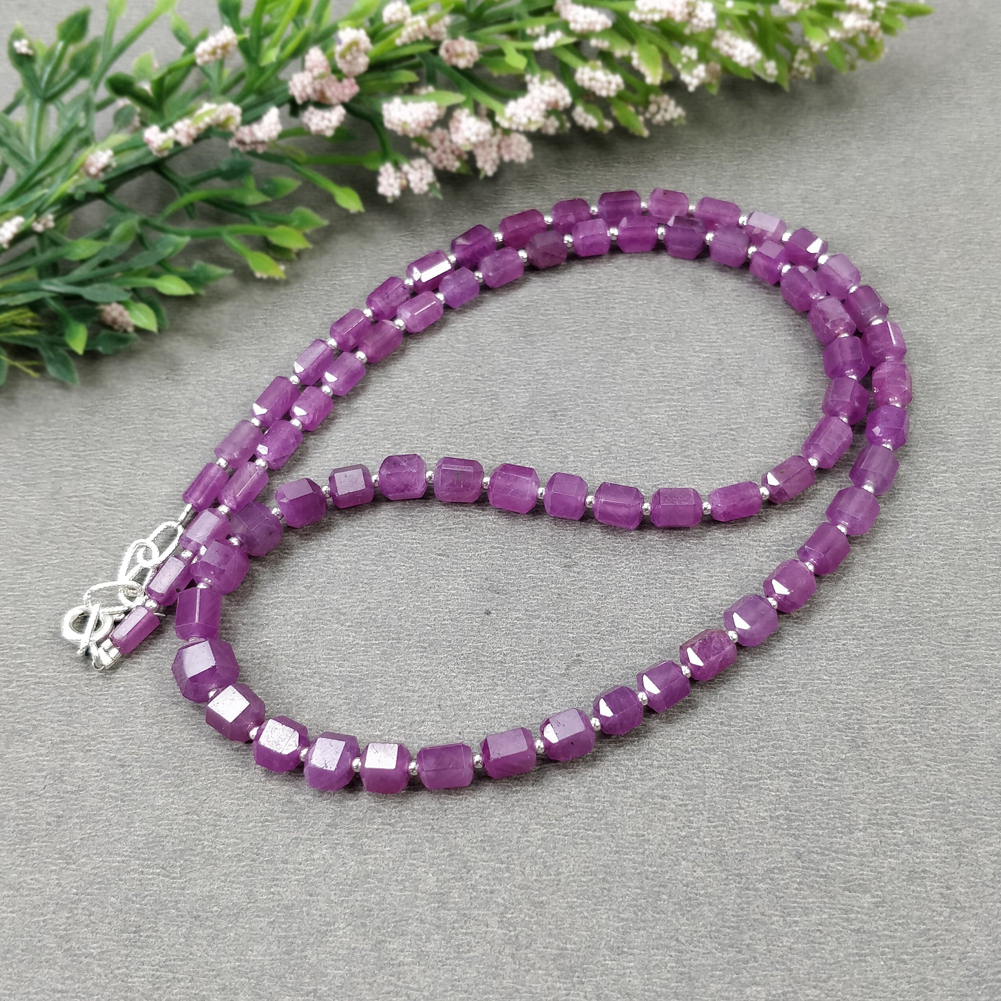 Raspberry Sheen Pink Sapphire Gemstone NECKLACE : 22.37gms Natural Sapphire Checker Cut Faceted Necklace 5mm - 6mm 18"