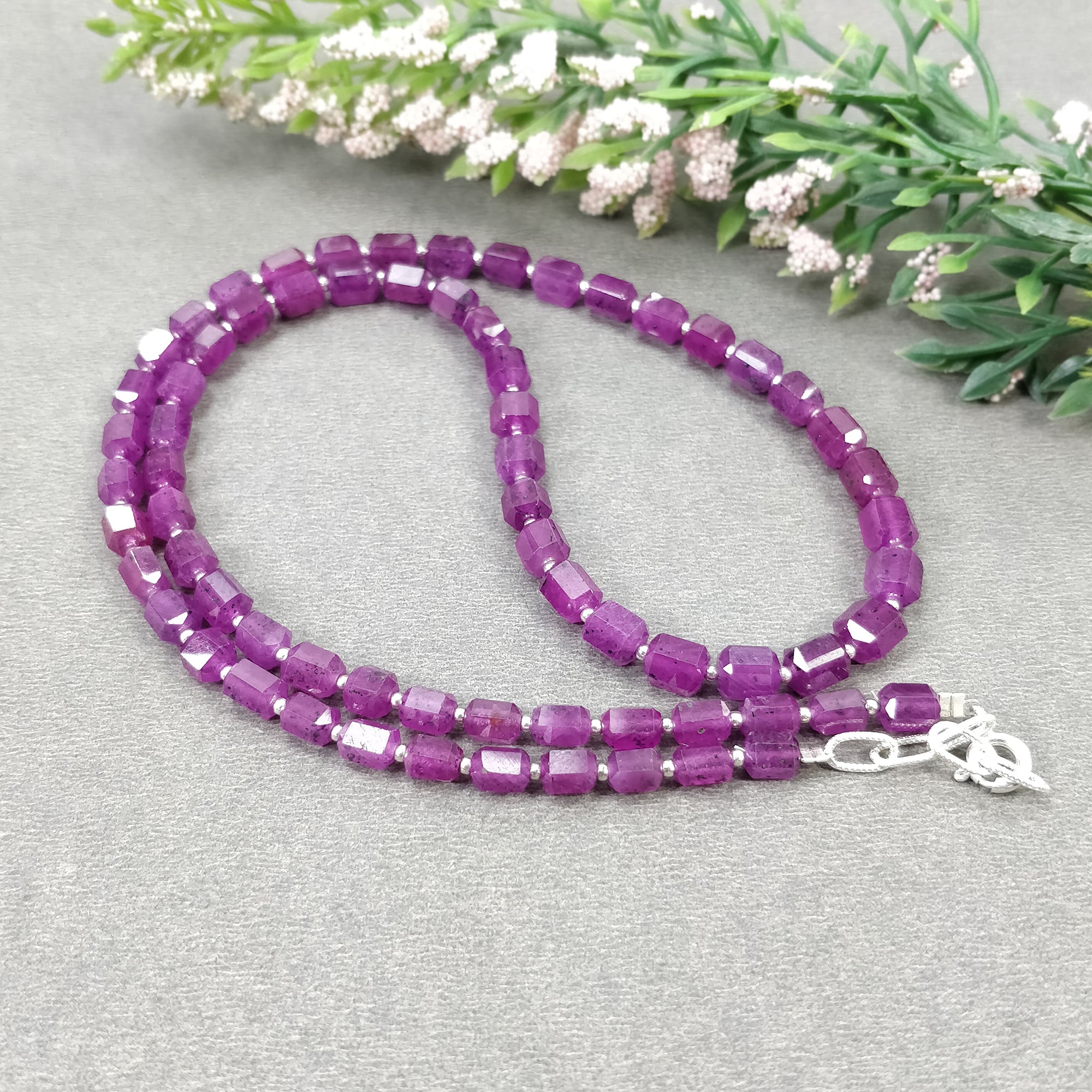 Raspberry Sheen Pink Sapphire Gemstone NECKLACE : 23.21gms Natural Sapphire Checker Cut Faceted Necklace 5.5mm - 6mm 18"