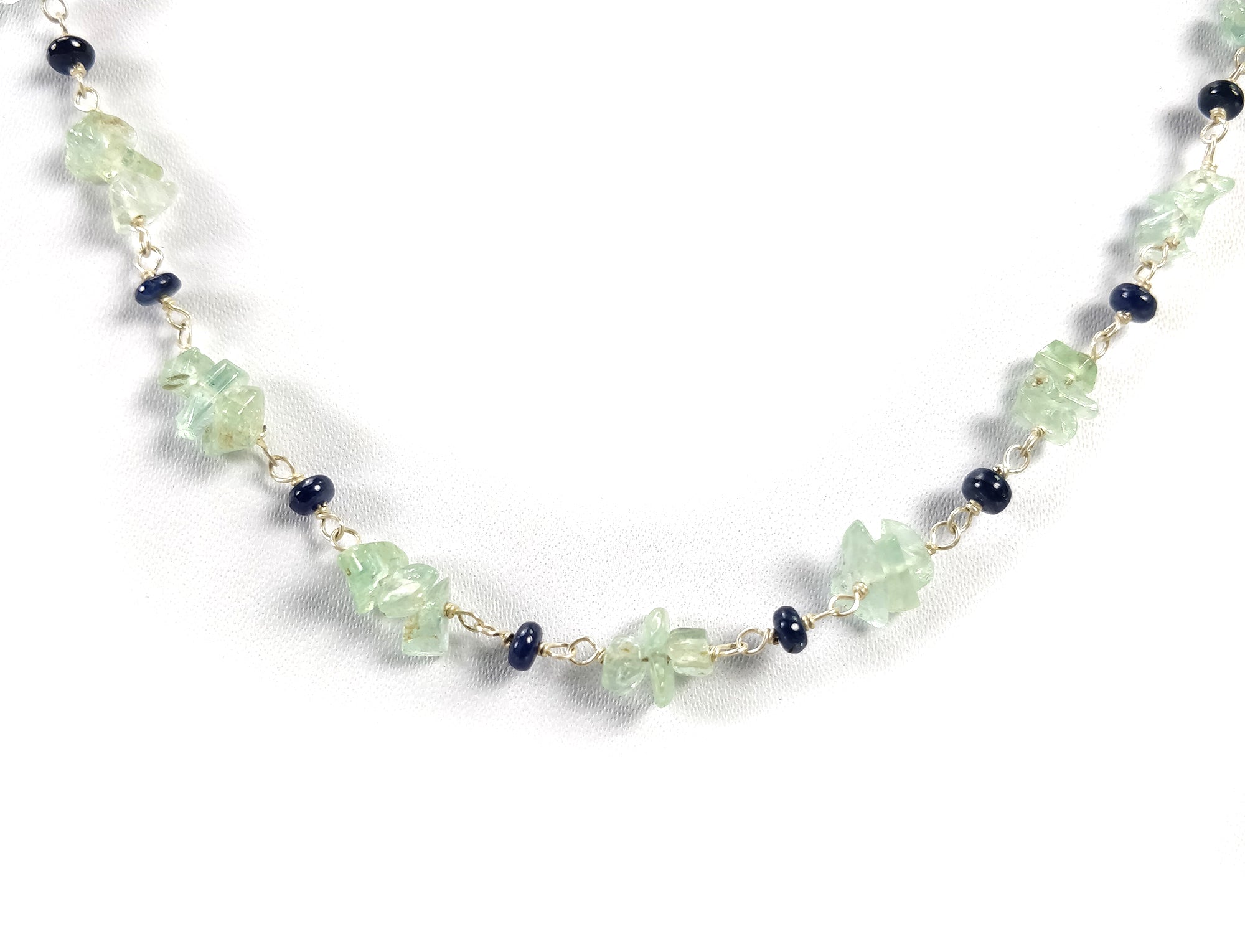 BLUE SAPPHIRE EMERALD Gemstones Raw Uncut Beads : Natural Emerald Blue Sapphire Sterling Silver Chain Necklace 16" Gift For Her