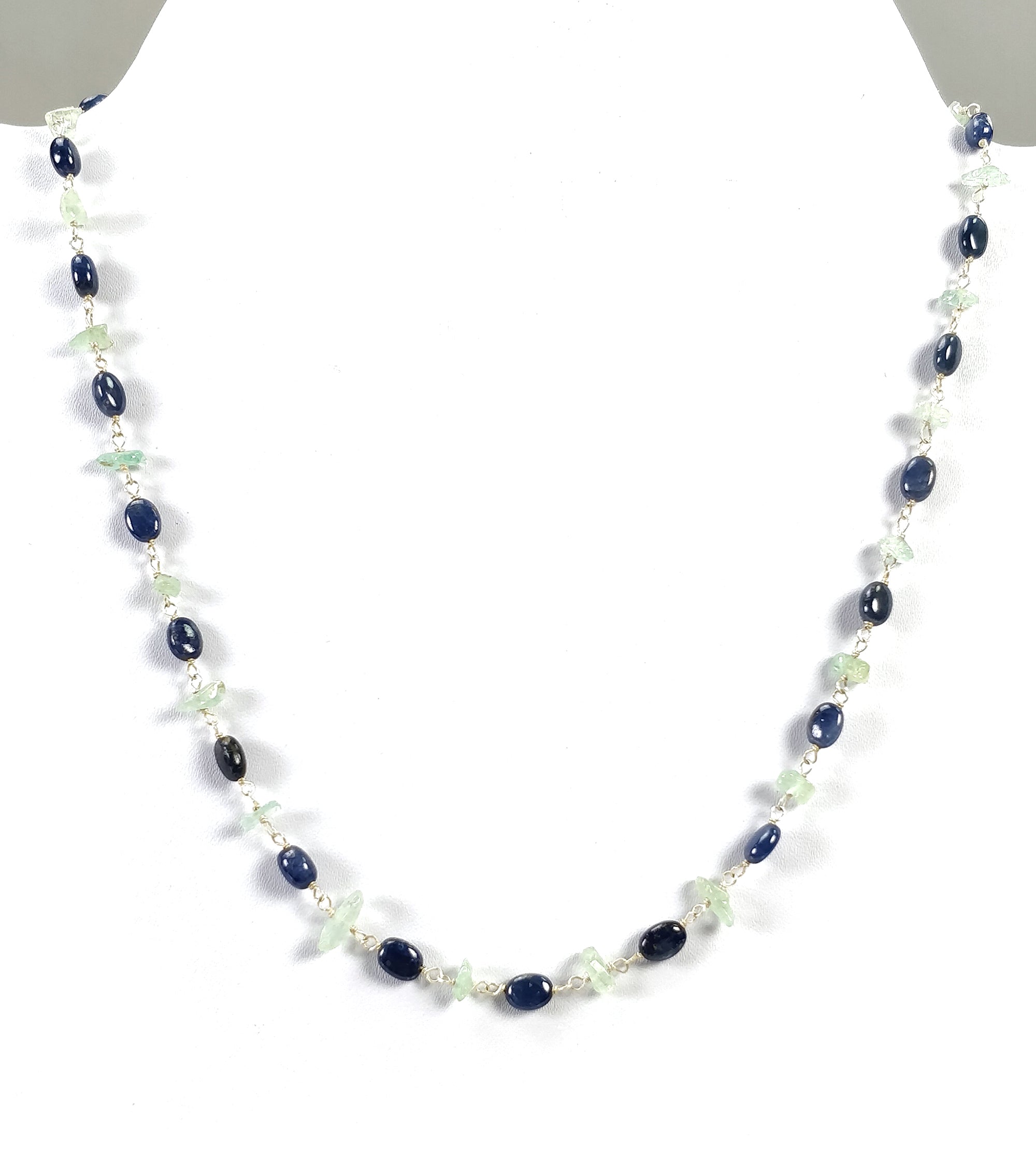 Blue SAPPHIRE & Green Emerald Gemstones Raw Uncut Beads : 925 Sterling Silver Natural Sapphire Oval Cabochon 16" Necklace