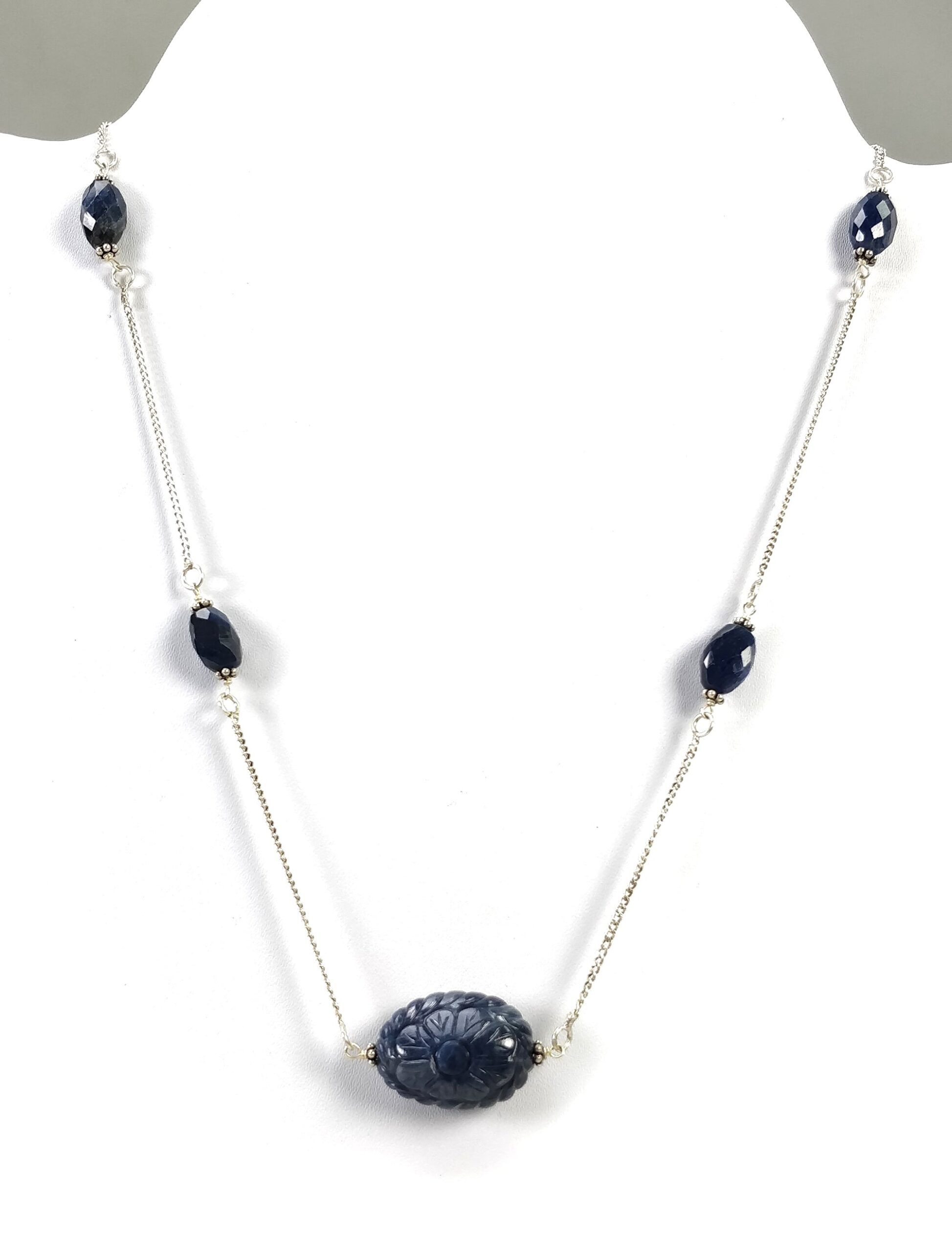 BLUE SAPPHIRE Gemstone Beads Chain Necklace : 925 Sterling Silver Natural Blue Sapphire Hand Carved Pendant 18" Necklace