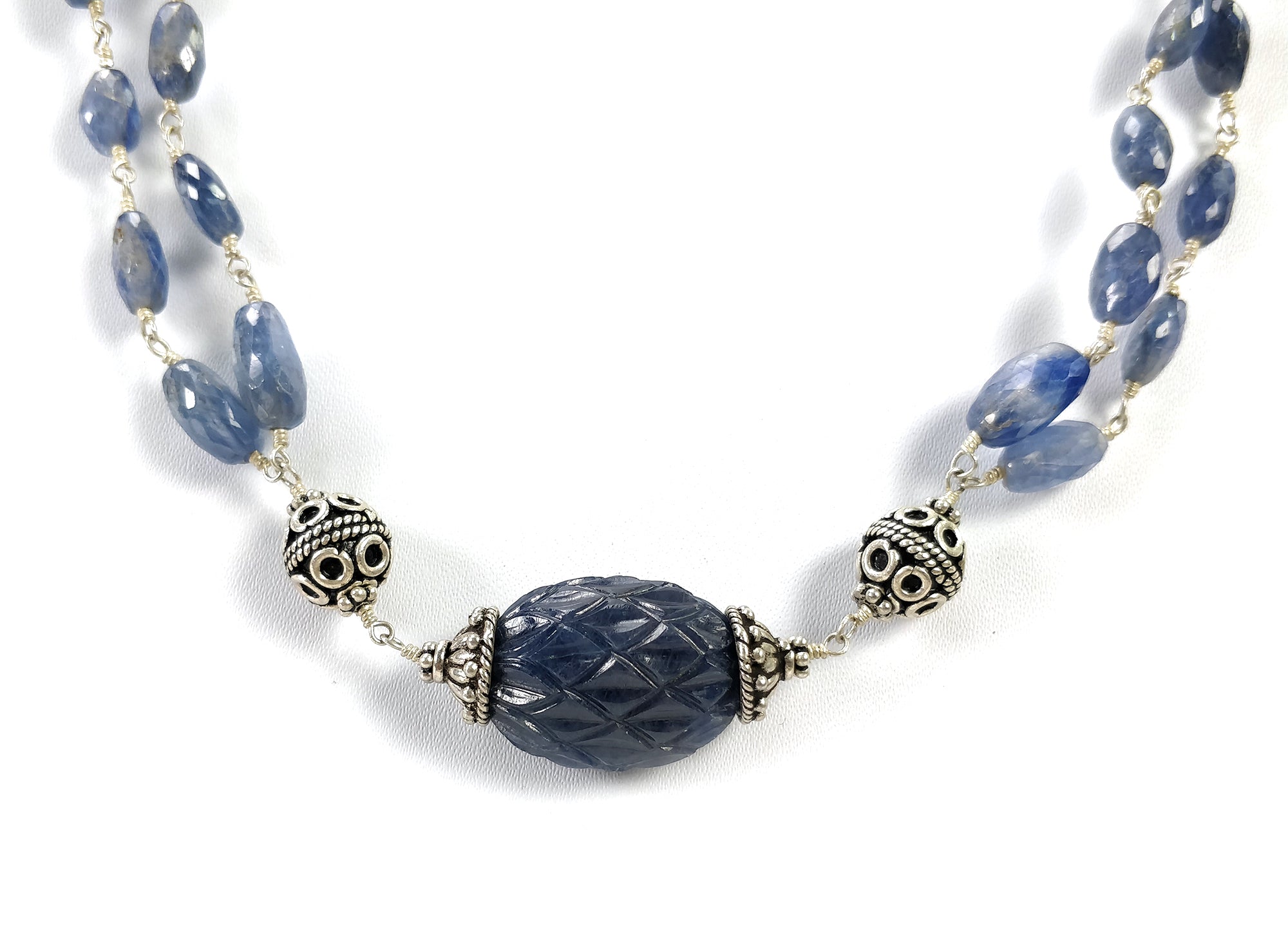 BLUE SAPPHIRE Gemstone Beads Chain Necklace : 925 Sterling Silver Natural Sapphire Hand Carved &Rose Cut Beads 22.5" Necklace