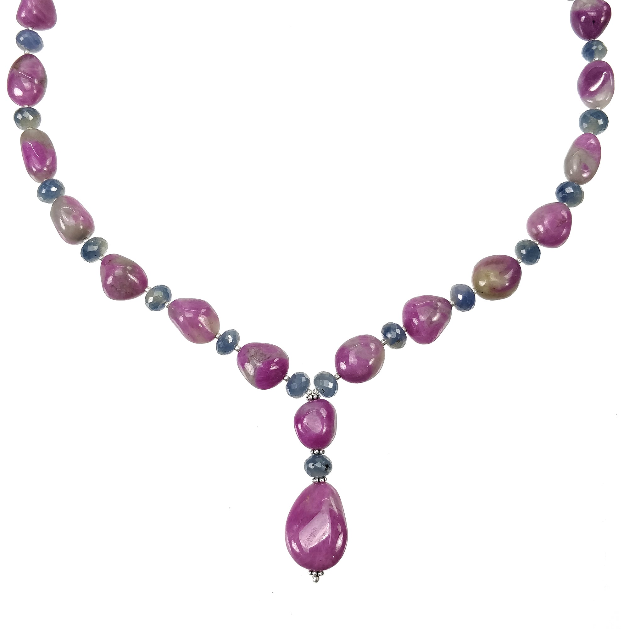 Ruby & Blue Sapphire Gemstone NECKLACE: 74.38gms Natural Untreated Bi-Color Zoisite Ruby 925 Sterling Silver 7mm - 21*16mm 19.5"