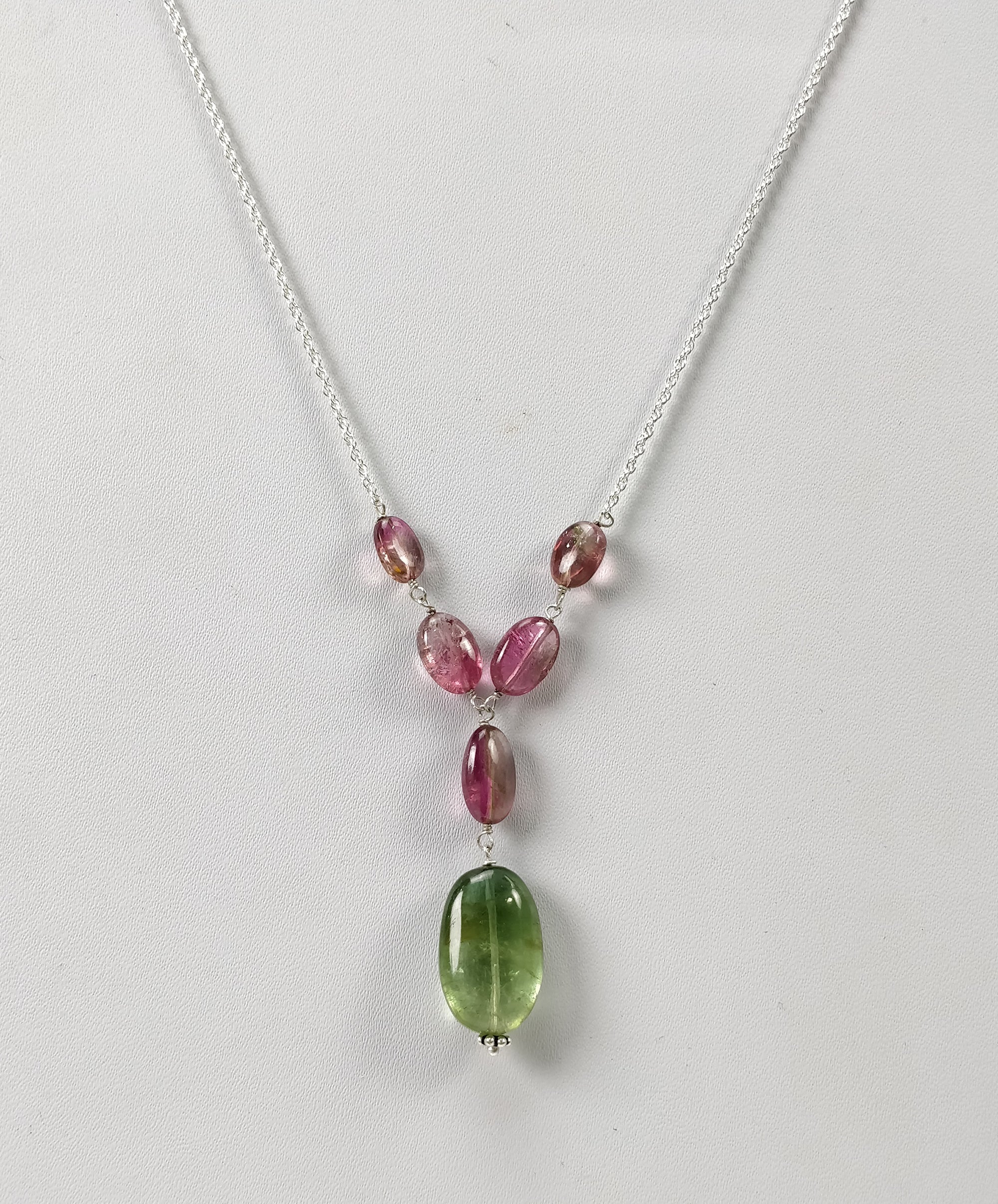 Watermelon Tourmaline Gemstone NECKLACE : 34.30cts Natural Untreated Oval Plain Tourmaline With 925 Sterling Silver 7*5.5mm - 18*12mm 19.5"