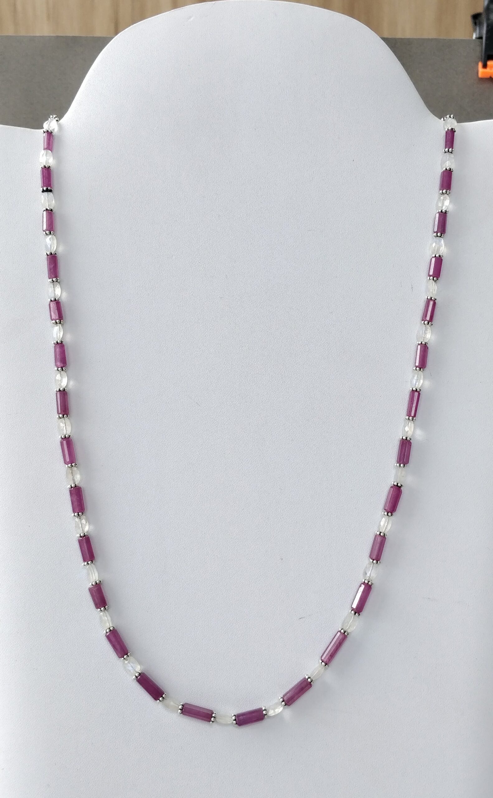 Raspberry Sapphire & Rainbow Moonstone Gemstone Fancy Cut NECKLACE: 95.35gms Natural Untreated Pencil 925 Sterling Silver 6mm - 10mm 19.25"