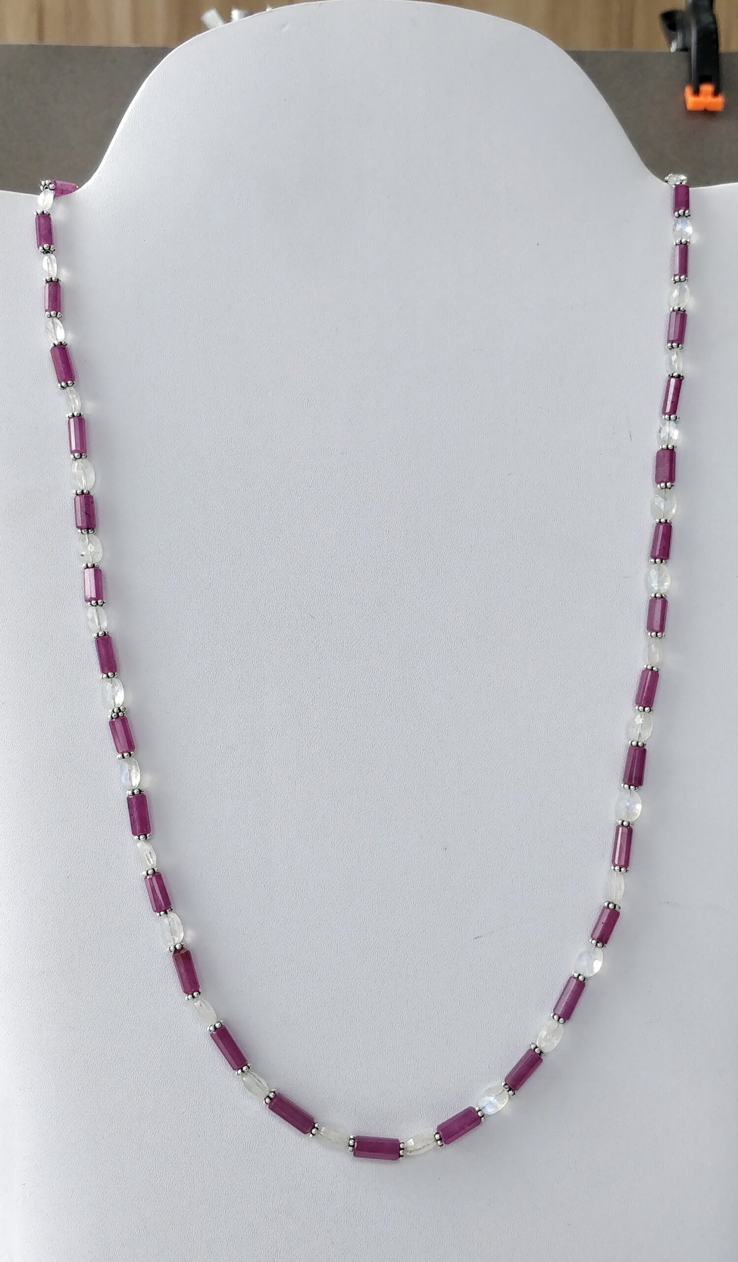 Raspberry Sapphire & Rainbow Moonstone Gemstone Fancy Cut NECKLACE: 105.00gms Natural Untreated Pencil 925 Sterling Silver 4.5mm - 11mm 20"