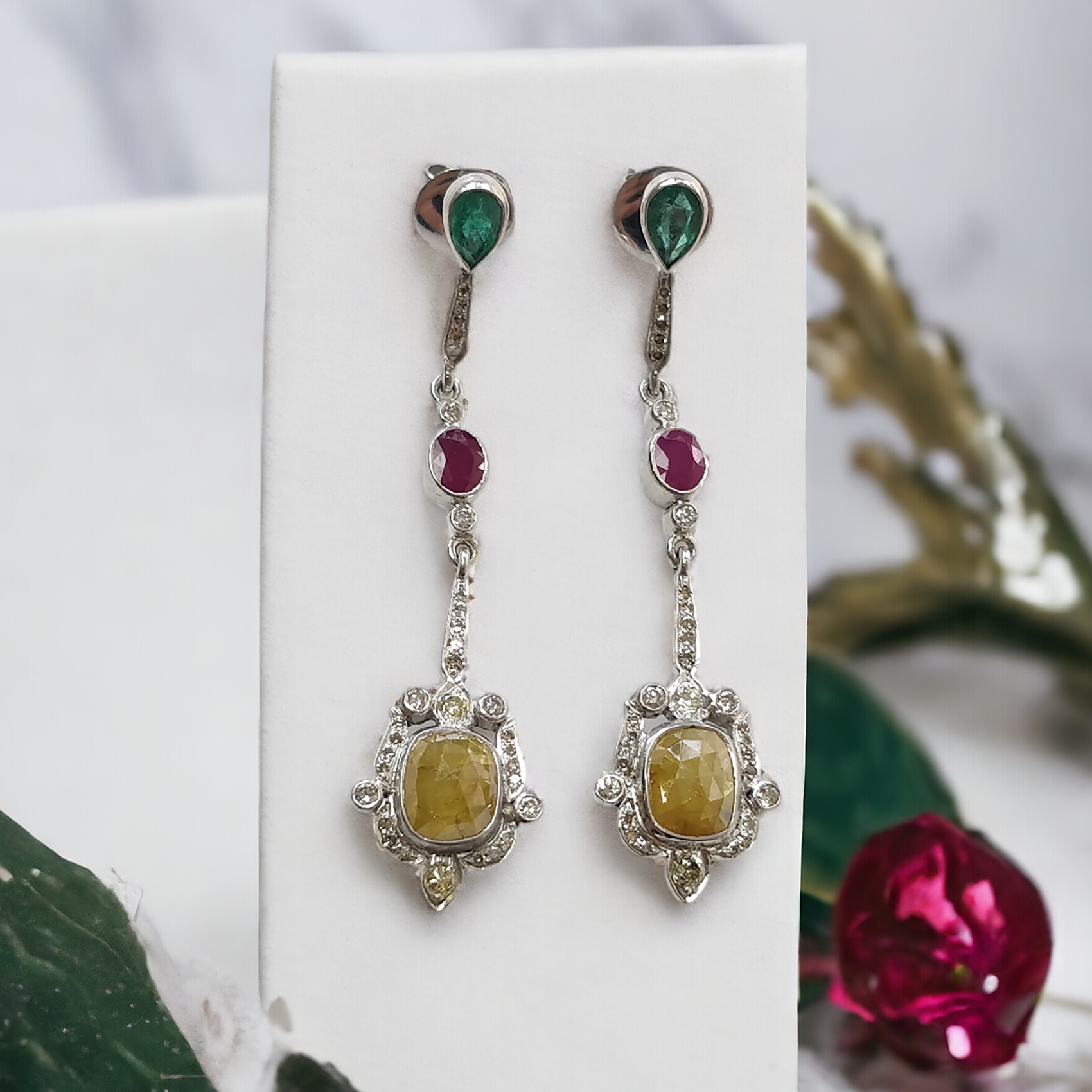 Ruby Sapphire Emerald & DIAMOND Gemstone Earring : 2.15" 925 Sterling Silver Natural Drop Dangle Push Back Bezel Set Earring for Gift