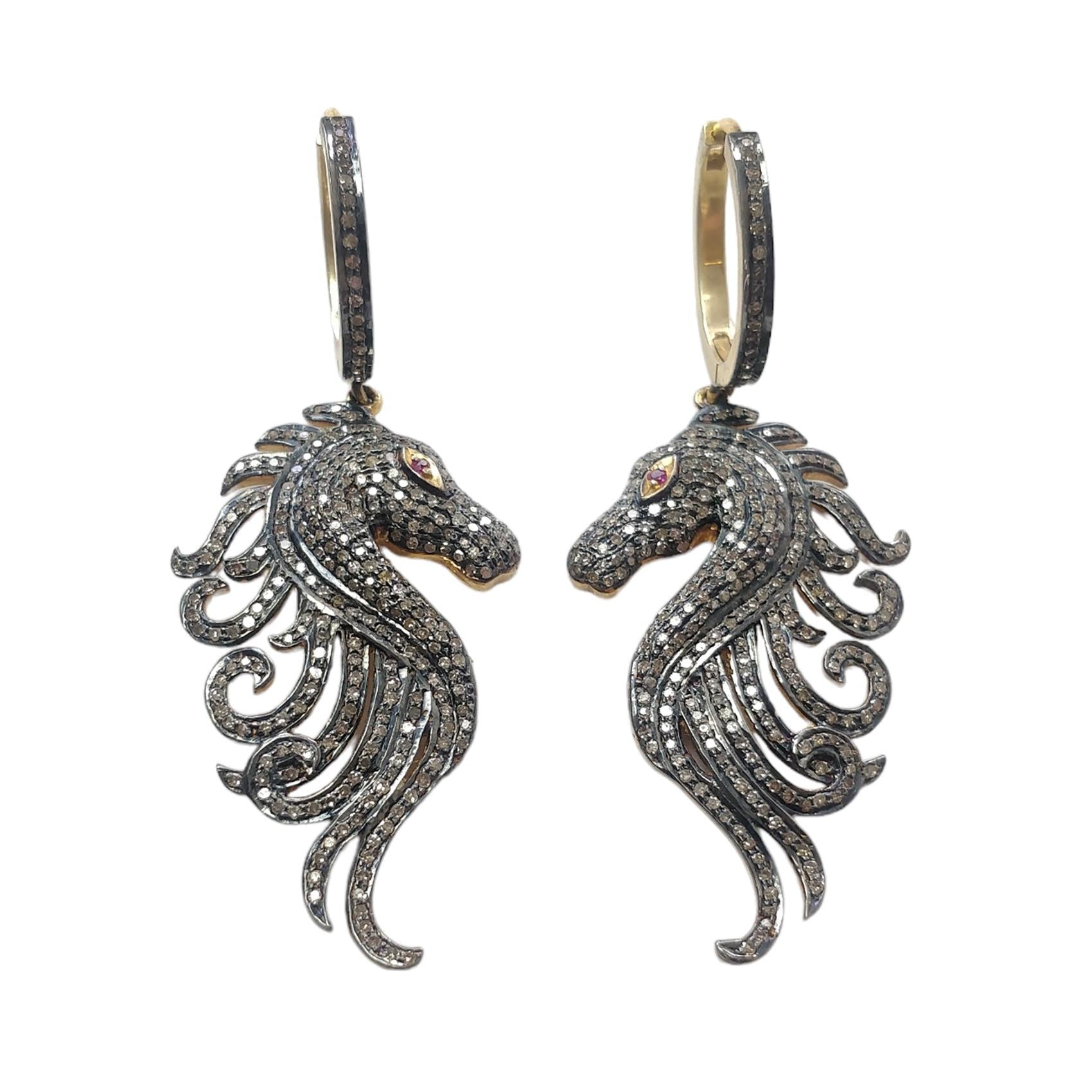 DIAMOND & RUBY Gemstone Earring : 14.00gms Natural Drop Dangle 925 Sterling Silver And Gold Hoop Wire Lock Pave Set Horse Face Earring 2.5"