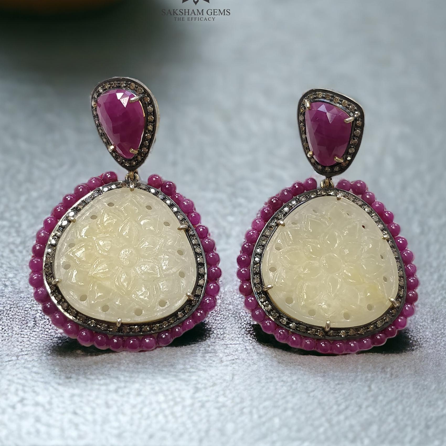 Ruby Yellow Sapphire & DIAMOND Gemstone Earring : 21.61gms 925 Sterling Silver Natural Drop Dangle Push Back Prong Set Earring 2.2"