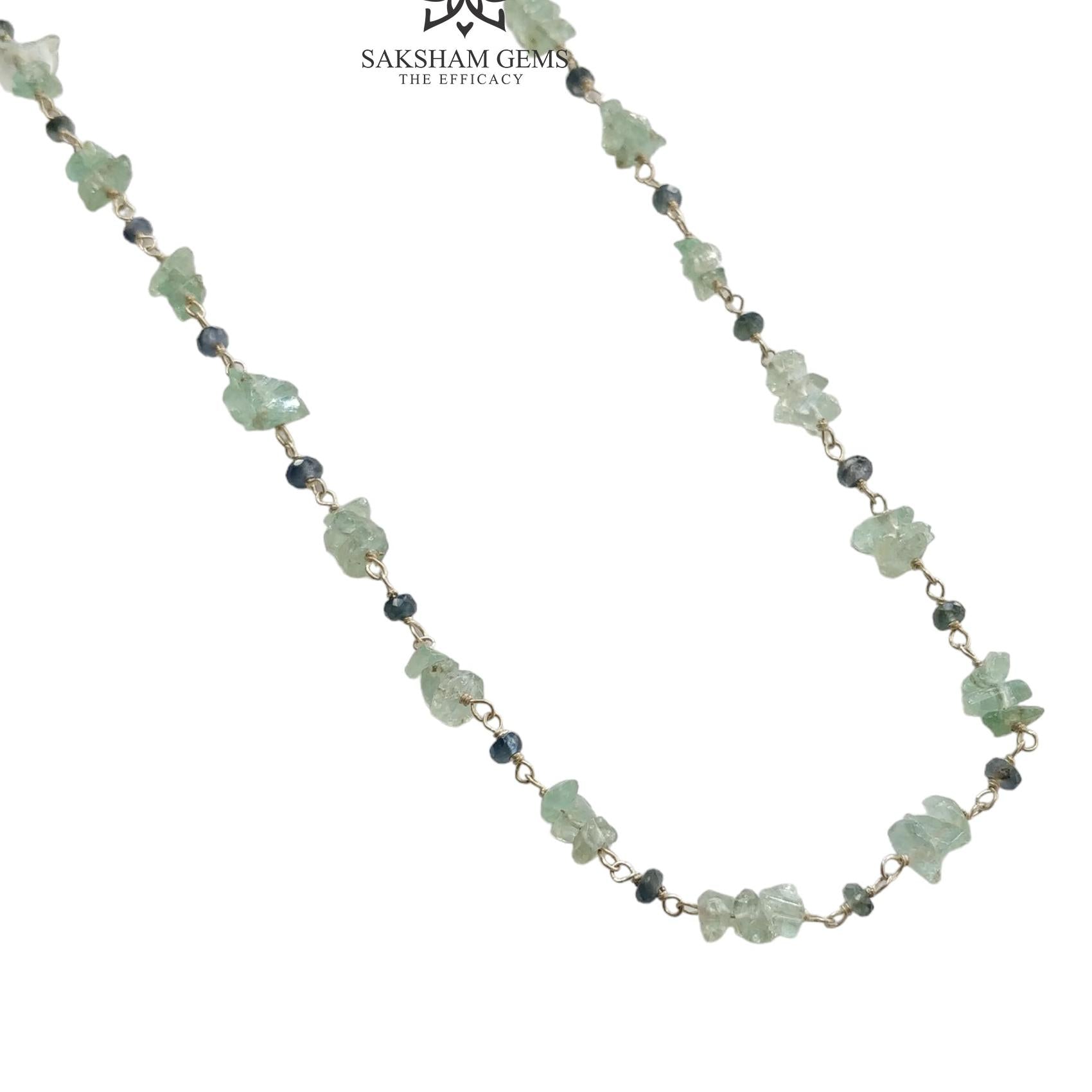 925 Sterling Silver Green Emerald And Blue Sapphire Gemstones Chain NECKLACE 8.00gms Natural Uncut Beads Necklace 17"