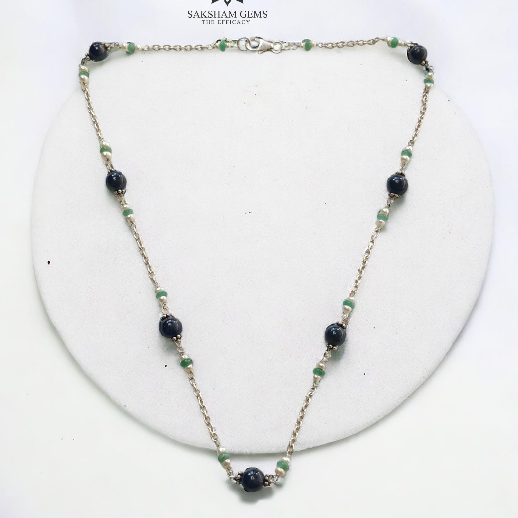 Blue Sapphire Green Emerald And White Pearl Natural Gemstones Round Beads 925 Sterling Silver 10.26gms NECKLACE Chain 18"
