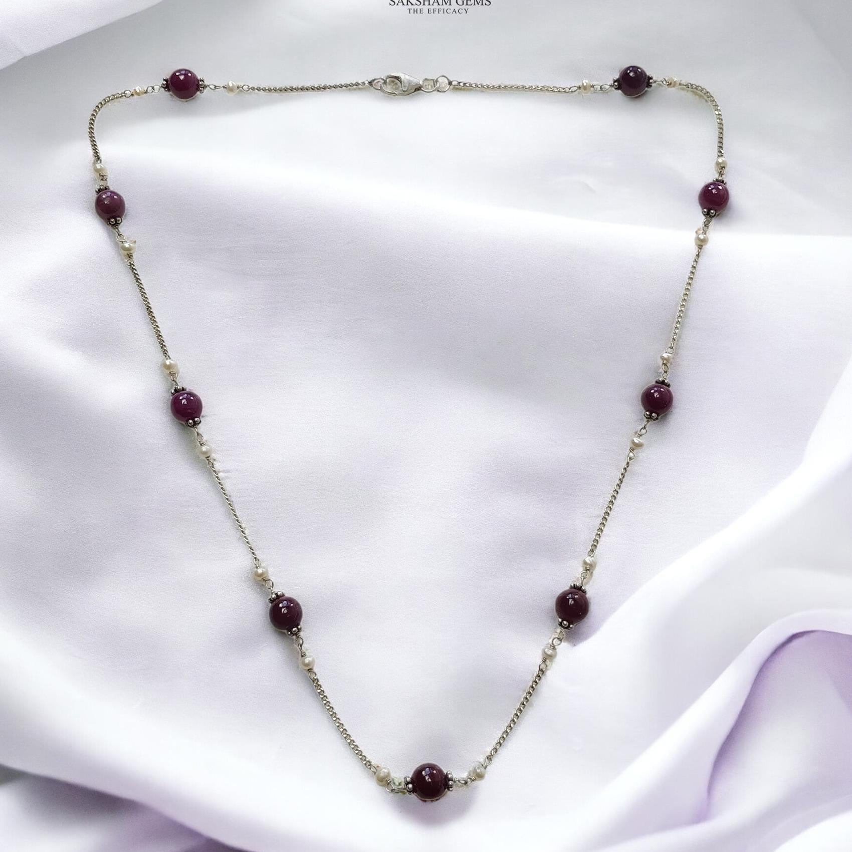 RUBY Gemstone Beaded NECKLACE : 10.52gms Natural Untreated Plain Round Shape Ruby & Pearl With 925 Sterling Silver 19"