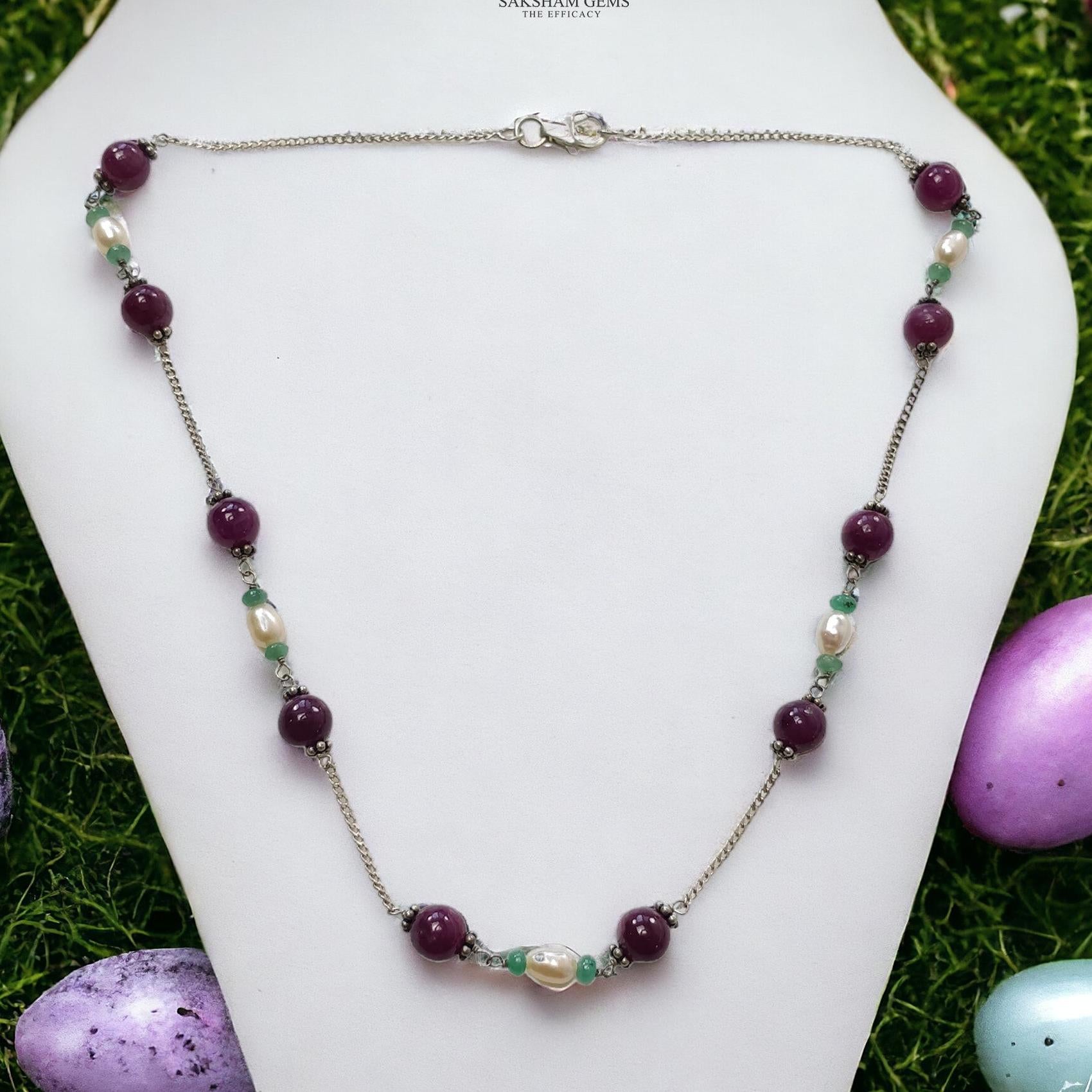 RUBY Gemstone Beaded NECKLACE : 11.19gms Natural Untreated Plain Round Shape Ruby & Pearl With 925 Sterling Silver 16"