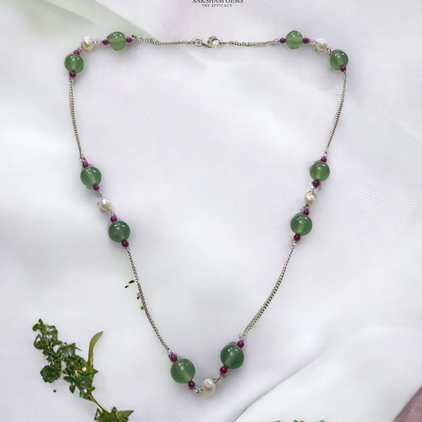 Green Serpentine & White Pearl Gemstones Beads Chain NECKLACE : 14.12gms 925 Natural Serpentine Plain Round Beaded Necklace 19"