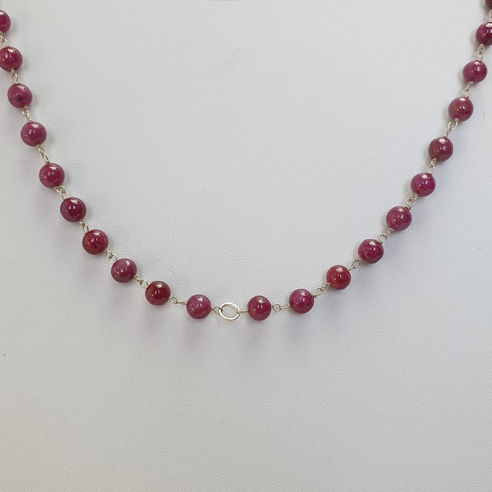 RUBY Gemstone With 925 Sterling Silver Beaded NECKLACE : 17.72gms Natural Untreated Plain Round Shape Beaded Necklace 19"