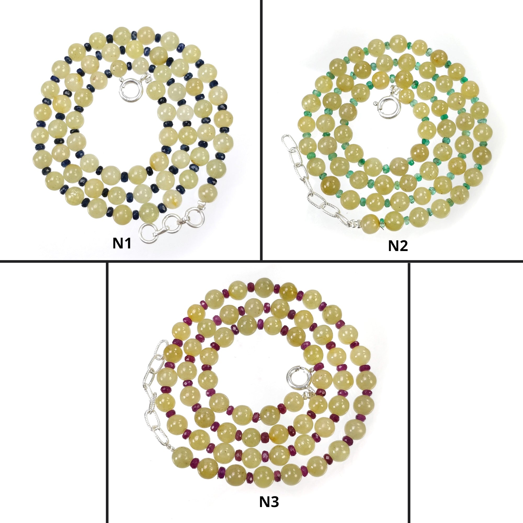 Yellow And Blue SAPPHIRE EMERALD RUBY Gemstone Necklace : Natural Sapphire Round Shape Plain & Faceted Necklace 3mm - 6mm 18"