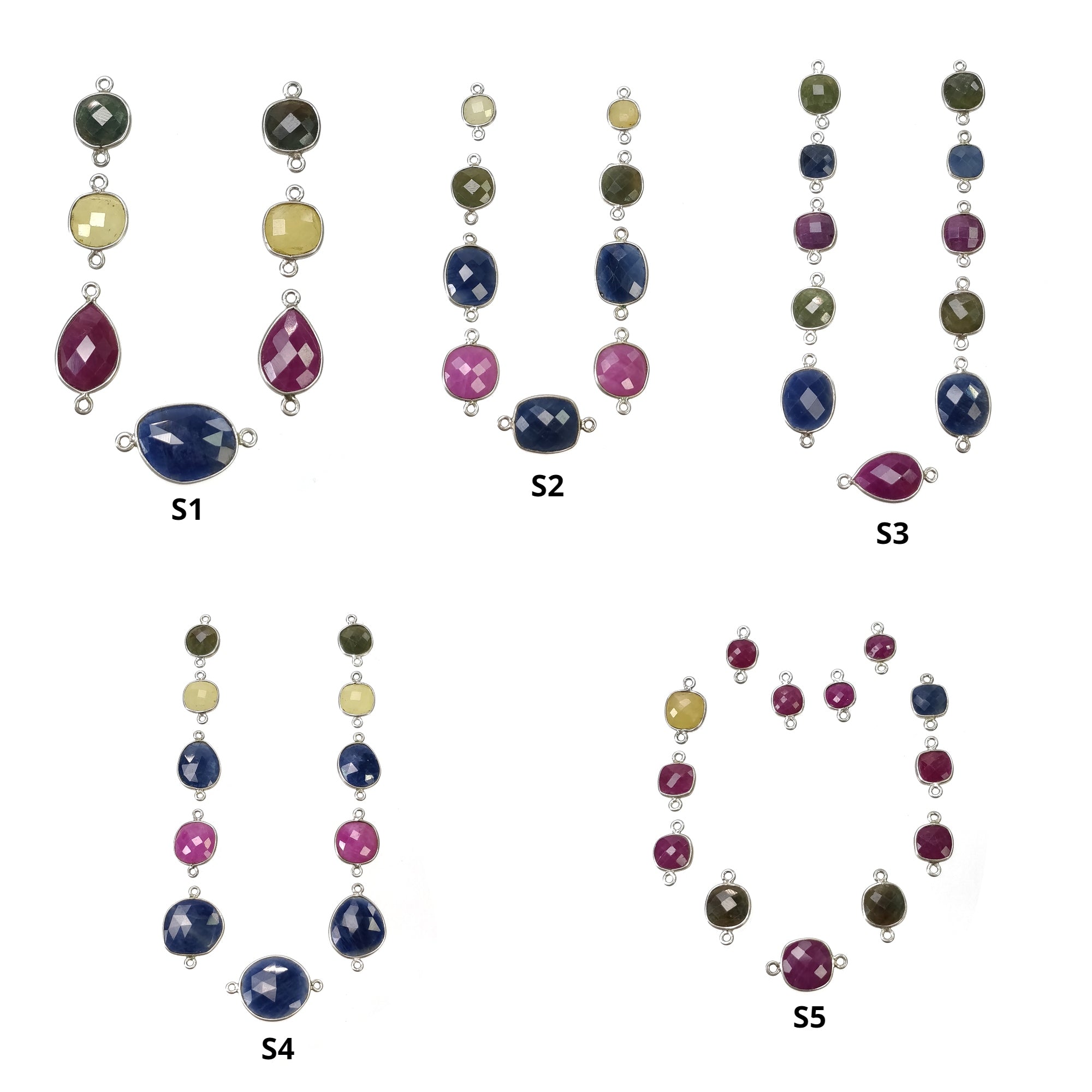 RUBY And MULTI SAPPHIRE Gemstone Connector : 925 Sterling Silver Natural Untreated Ruby Connector Cushion Briolette Checker Cut For Jewelry