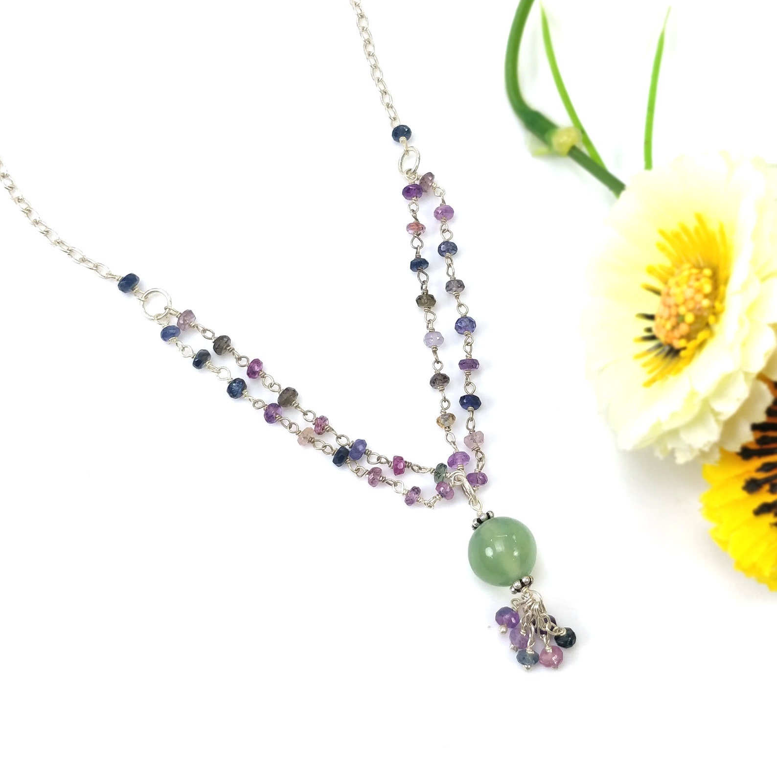 Natural Sapphire Serpentine Beads 925 Sterling Silver Necklace