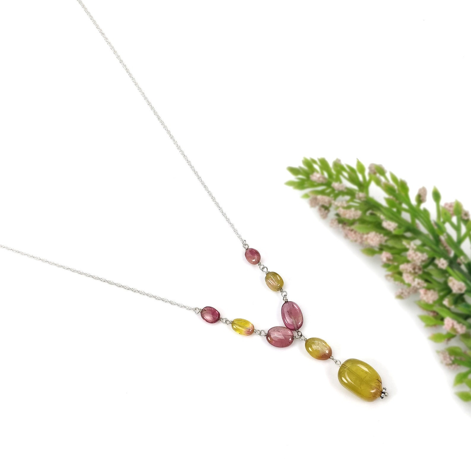 Natural Tourmaline Plain Beads 925 Sterling Silver Necklace