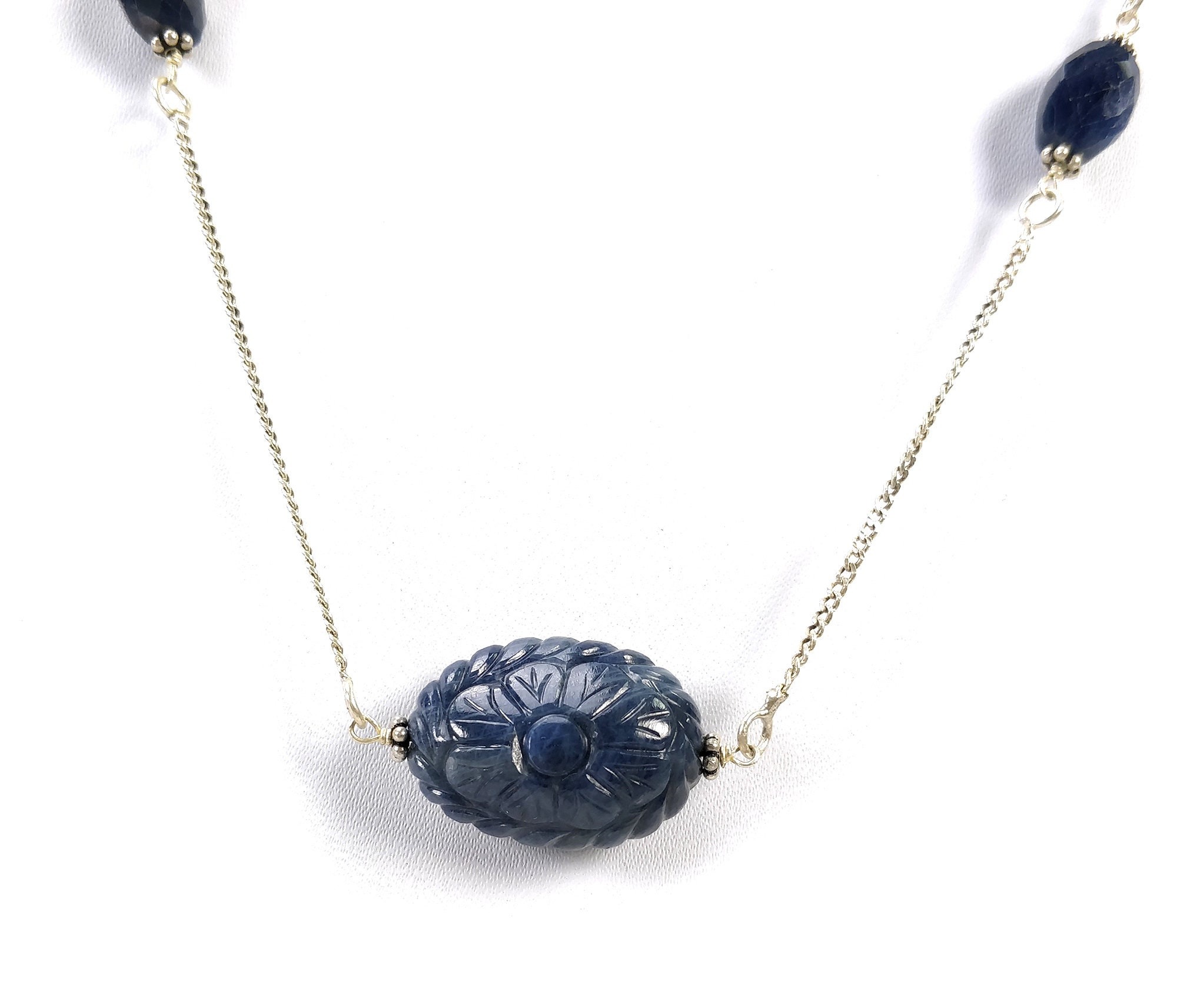 925 Sterling Silver Blue Sapphire Beads Chain Necklace