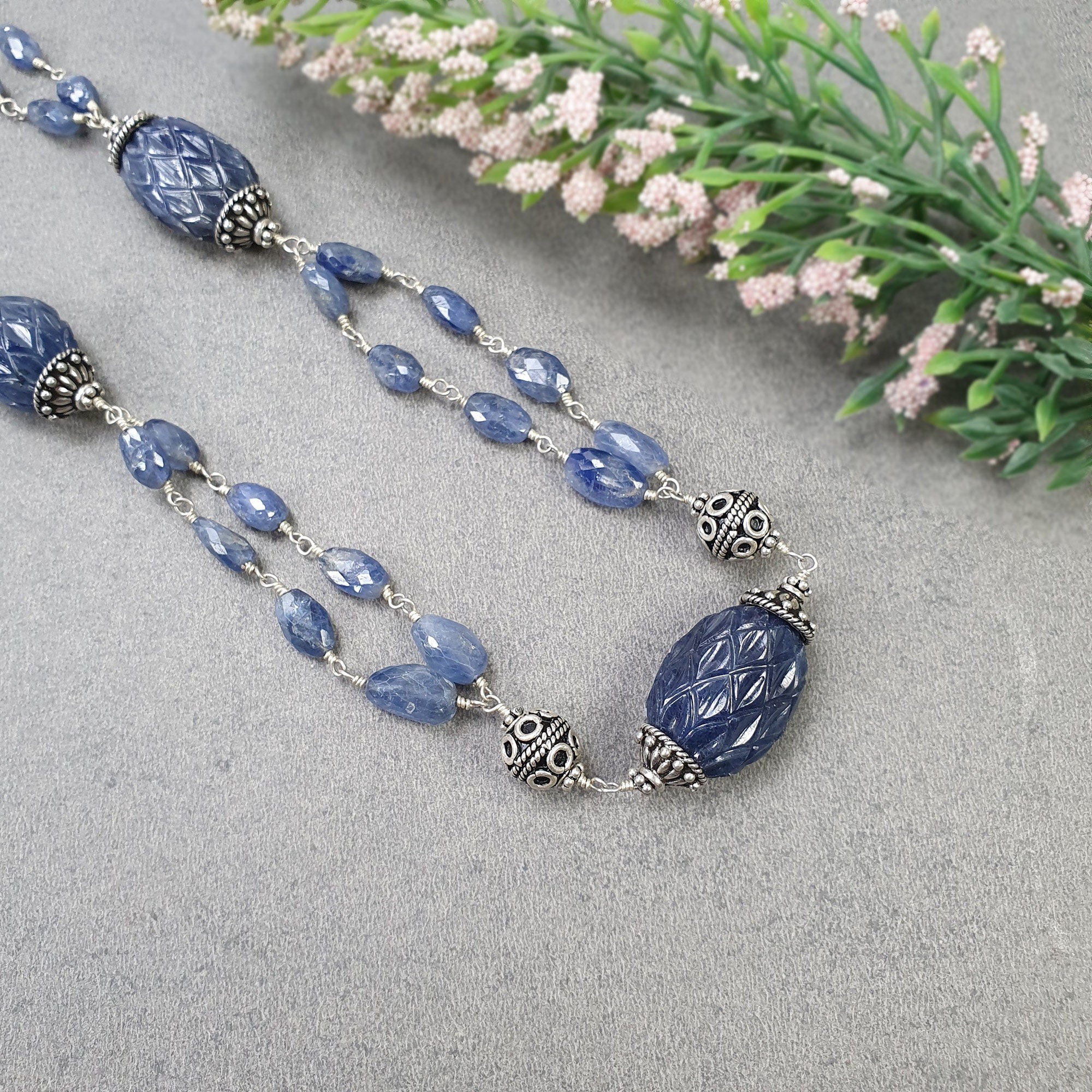 Natural Blue Sapphire Beads 925 Sterling Silver Necklace